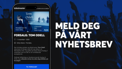 Bilde av en telefon som sier: "Forsalg: Tom Odell"